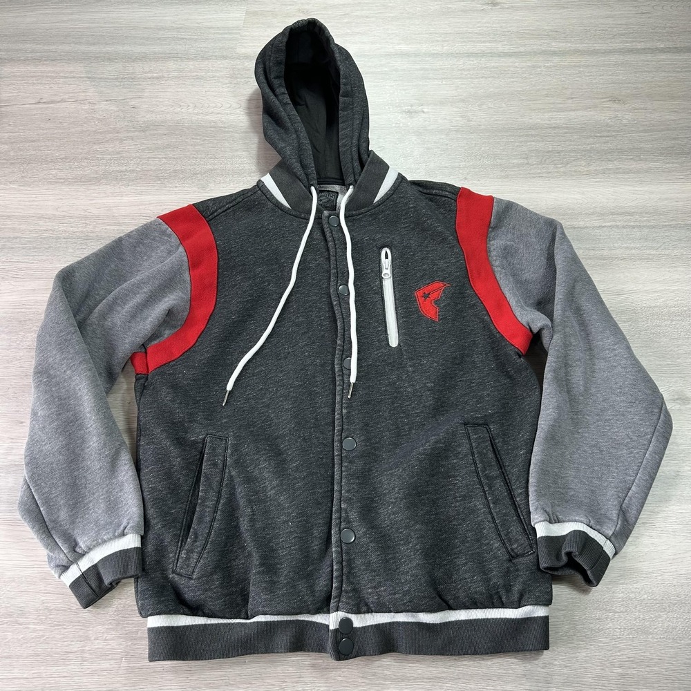 Famous Stars & Straps‎ Jacket Mens Medium Gray Red Hooded Sherpa Lined Varsity